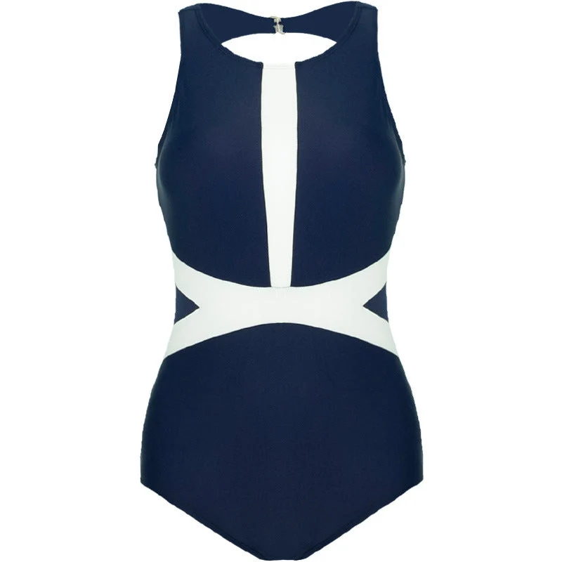 Damen Einteiler Badeanzug mit sportlichem Reißverschluss und trendigem grafischen Design Drune