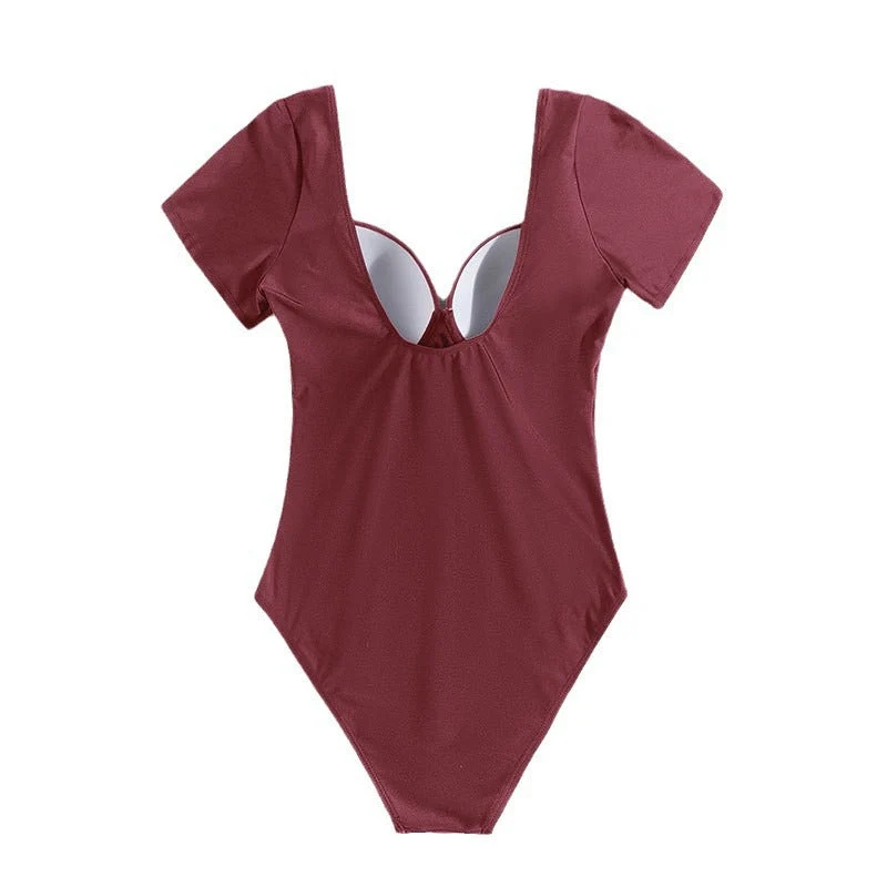 Damen Einteiler Badeanzug mit eleganten Trägern und sculpturalem V-Ausschnitt Drune