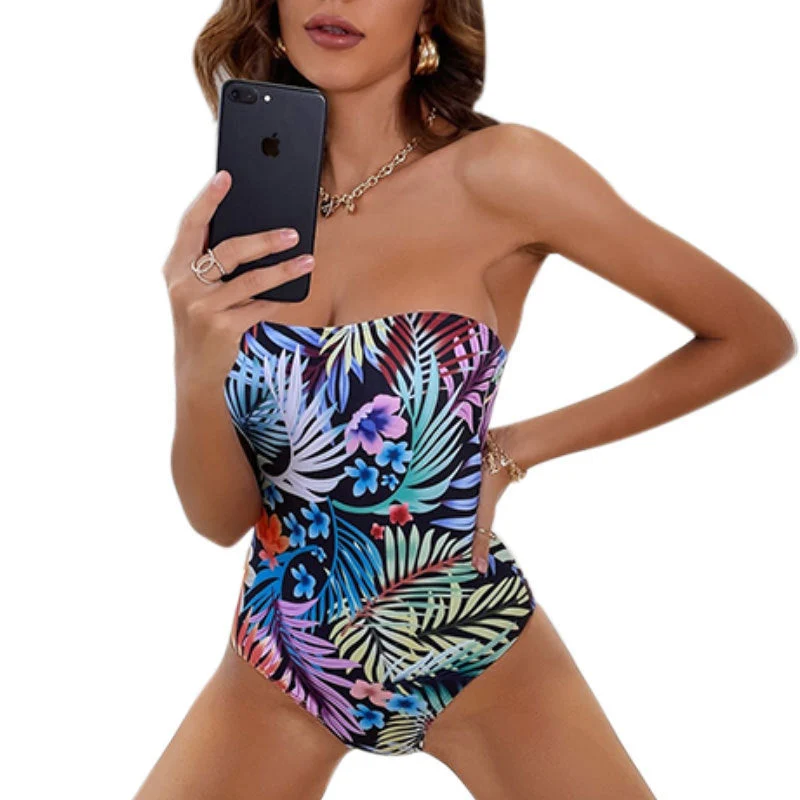 Damen Einteiler Badeanzug mit Bandeau-Ausschnitt und floralem Design Drune