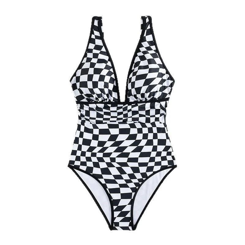 Damen Einteiler Badeanzug mit aufregendem Schachbrettmuster und figurbetonendem Design Drune