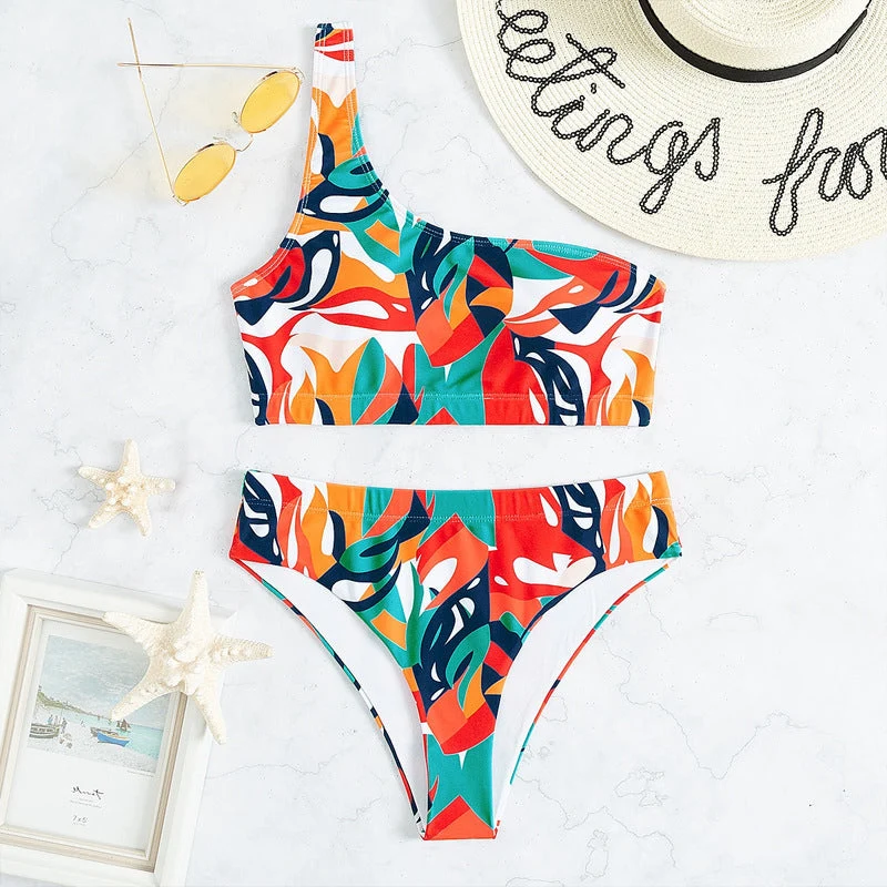 Damen Einseitiger Bikini mit geometrischem Muster und hoch geschnittenem Slip Drune