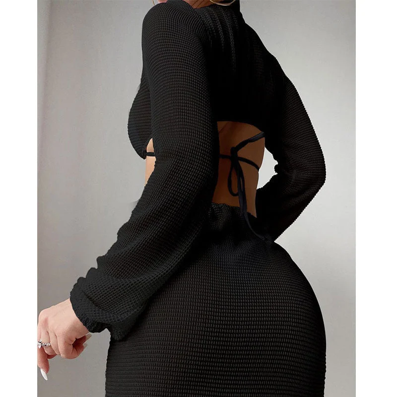 Damen Cut-Out Strandkleid mit langem Arm und Knotendetail Drune