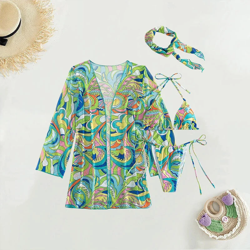 Damen Bunt bedruckter Bikini mit langem Cover-Up Drune
