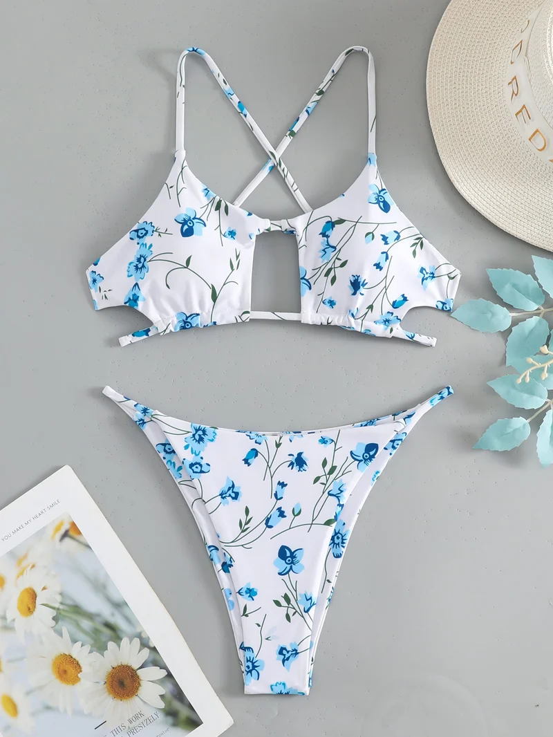 Damen Bikiniset mit verstellbaren Trägern und floralem Musterdruck Drune