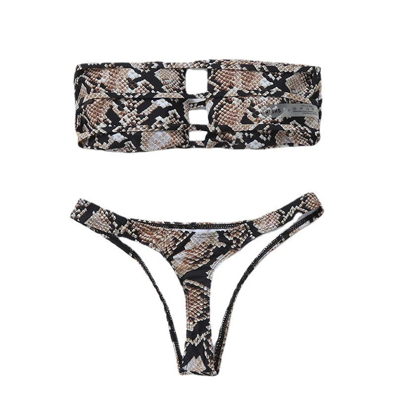 Damen Bikiniset mit raffiniertem Schlüsselelement und Snake-Print Drune