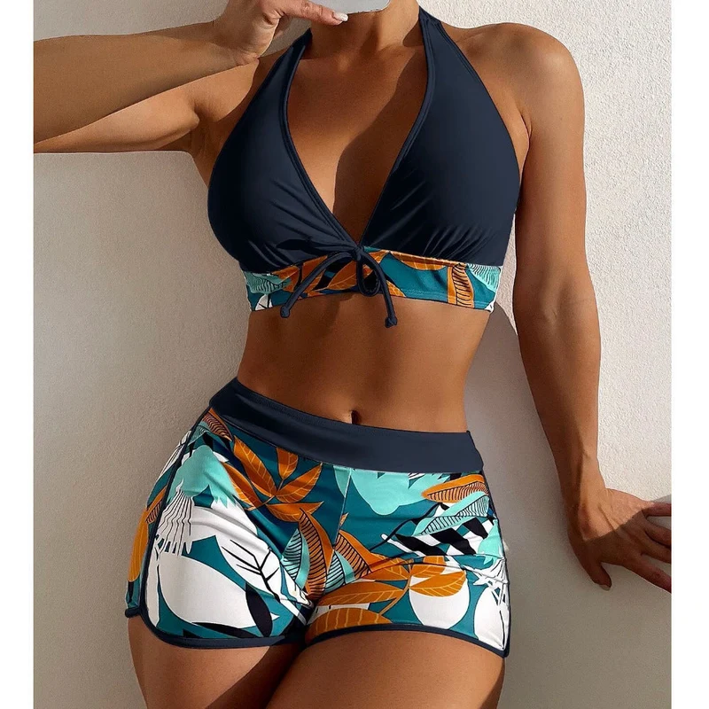Damen Bikini-Set mit verspieltem Halter-Oberteil und sportlicher Shorts Drune
