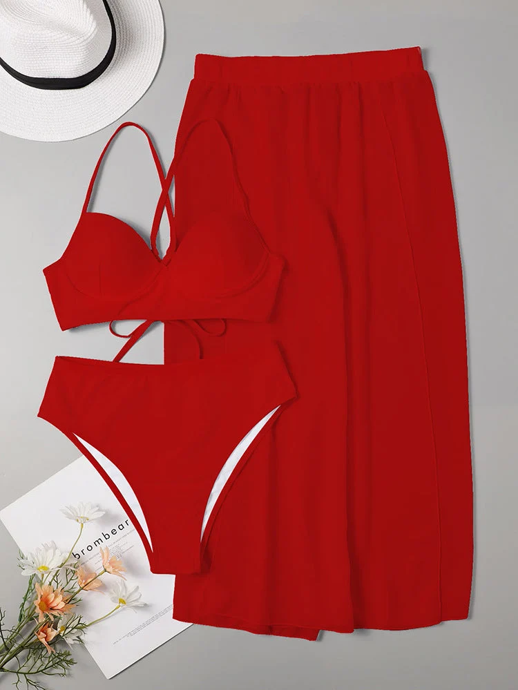 Damen Bikini-Set mit hochgeschnittenem Höschen und luftiger Wickelrock Drune