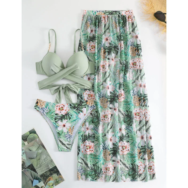 Damen Bikini-Set mit floralem Wickelrock und modischem Oberteil Drune