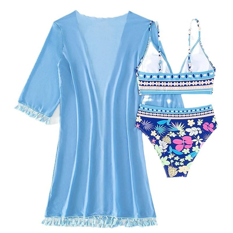 Damen Bikini-Set mit floralem Oberteil und eleganter Wickeljacke Drune