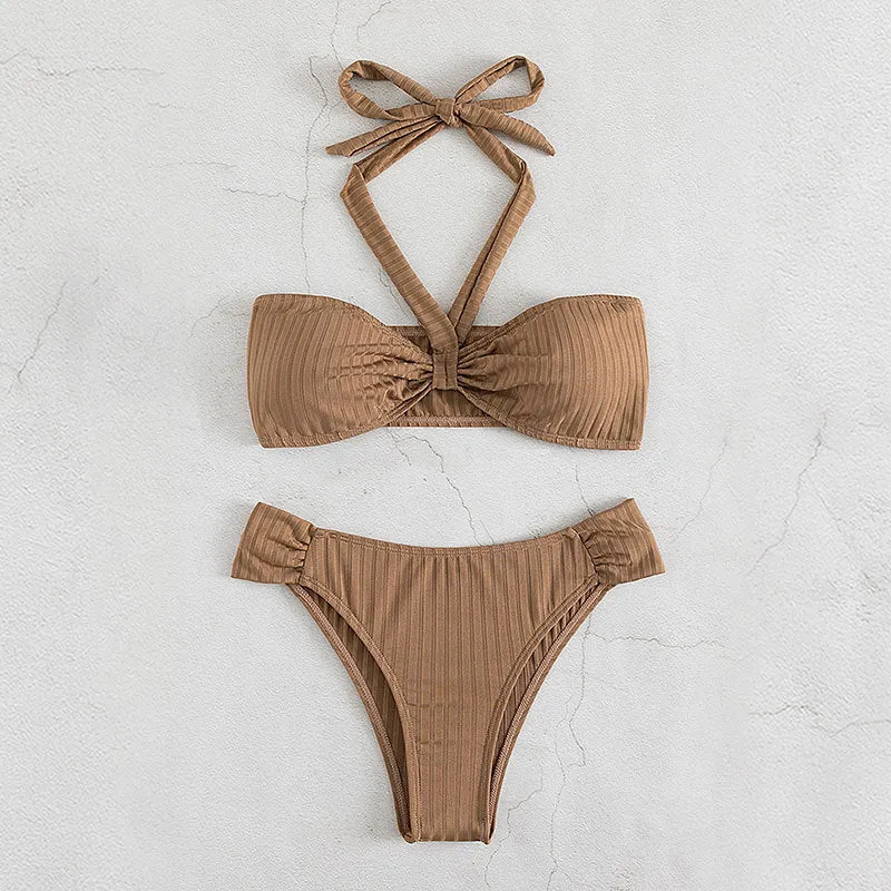 Damen Bandeau-Bikini-Set mit modischem Wickeldetail und hohem Beinausschnitt Drune