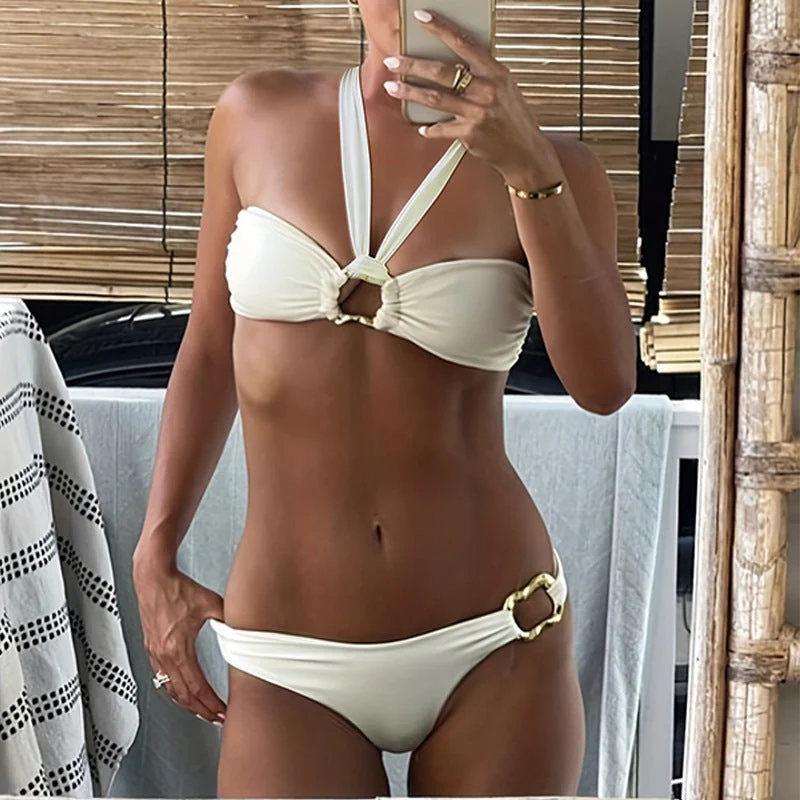 Damen Bandeau-Bikini-Set mit elegantem Ringdetail und verstellbaren Trägern Drune