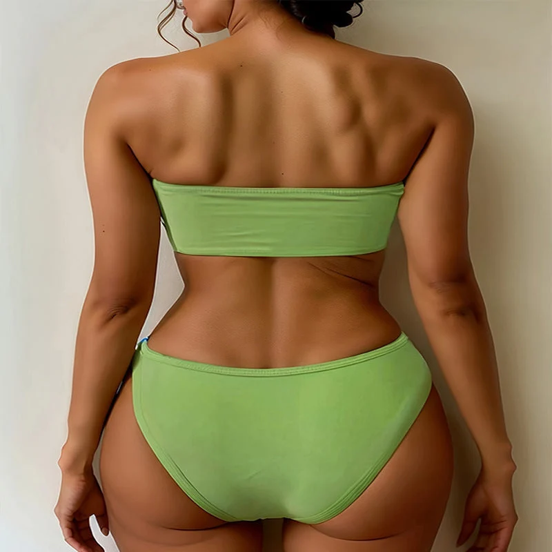 Damen Bandeau-Bikini-Set mit farbenfroher Schnürung und hohem Beinausschnitt Drune