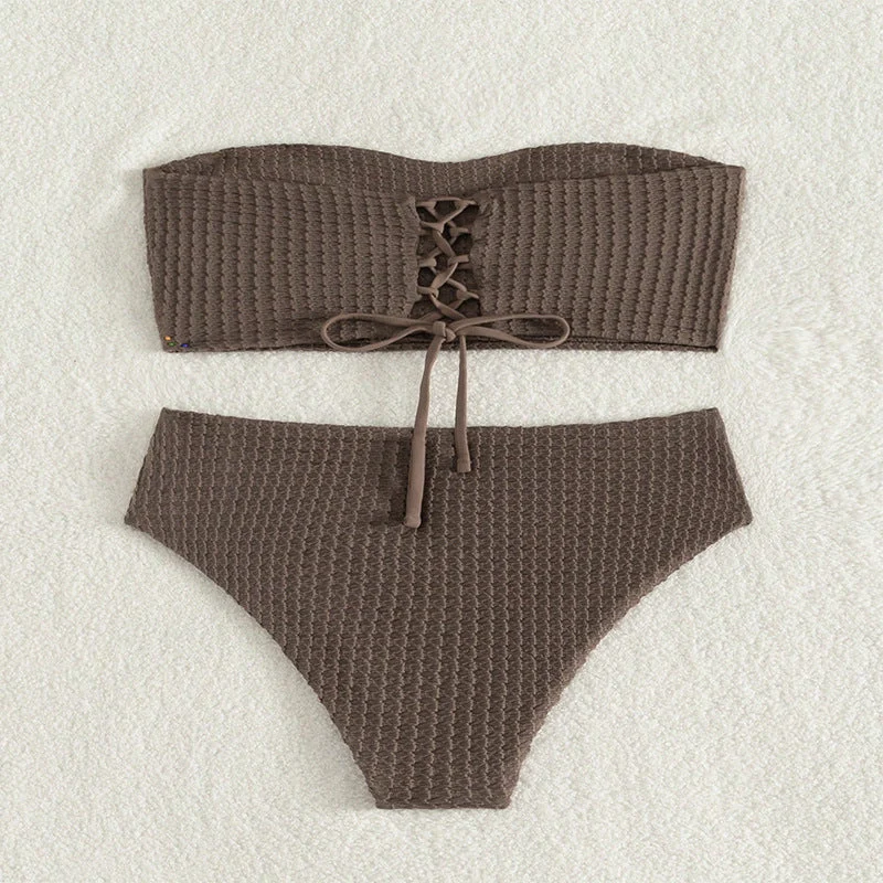 Damen Bandeau-Bikini mit raffiniertem Knoten-Design und hohem Bund Drune