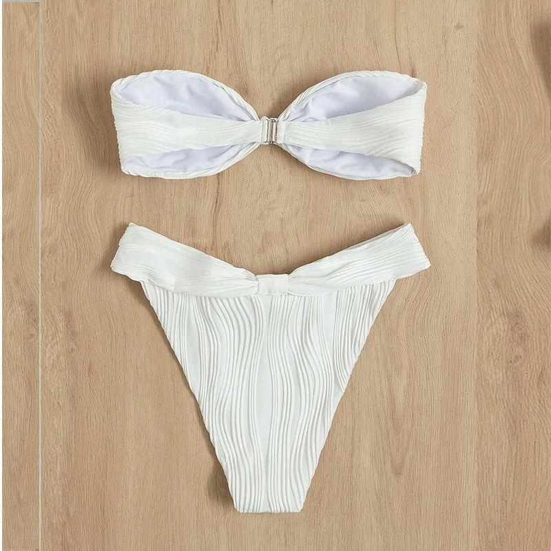 Damen Bandeau-Bikini mit modischer Raffung und hoch geschnittenem Slip Drune
