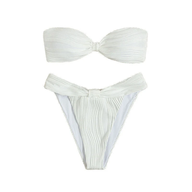 Damen Bandeau-Bikini mit modischer Raffung und hoch geschnittenem Slip Drune