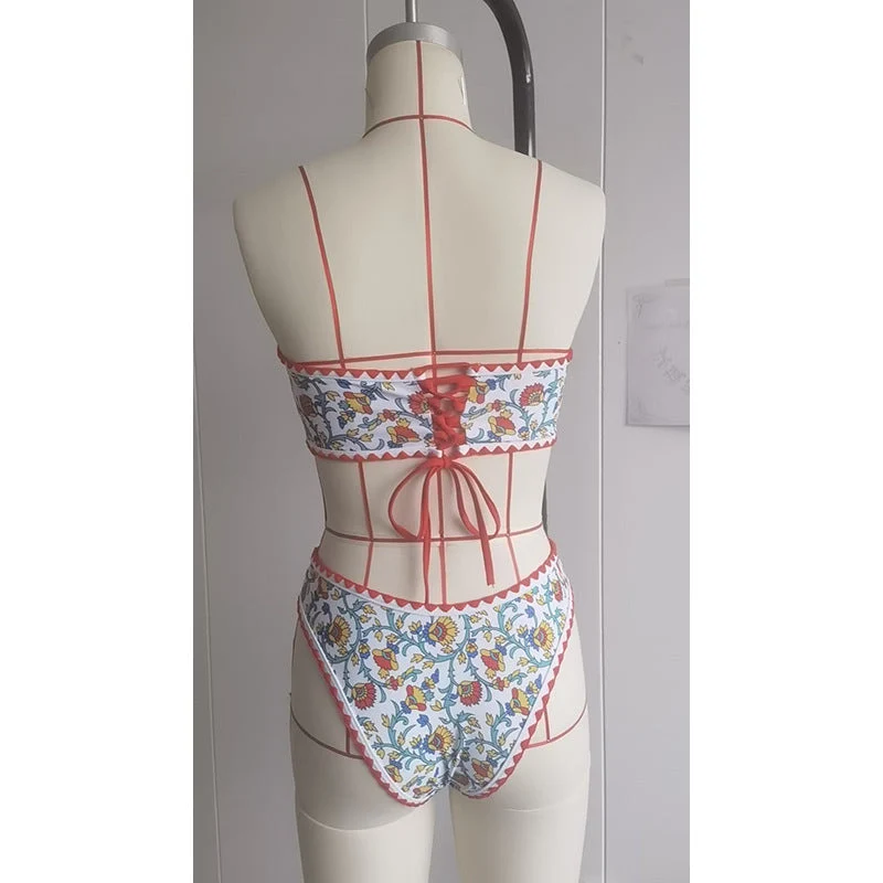 Damen Bandeau-Bikini mit floralem Muster und doppeltem Bortenabschluss Drune