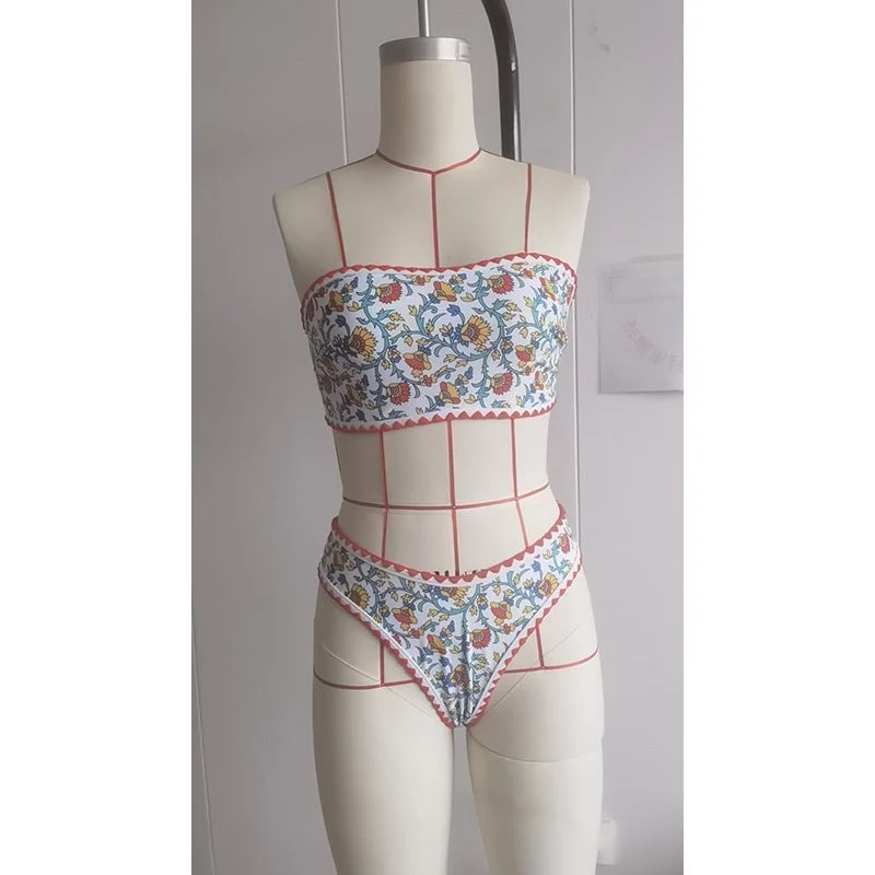 Damen Bandeau-Bikini mit floralem Muster und doppeltem Bortenabschluss Drune