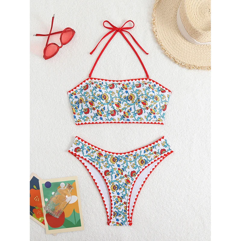 Damen Bandeau-Bikini mit floralem Muster und doppeltem Bortenabschluss Drune