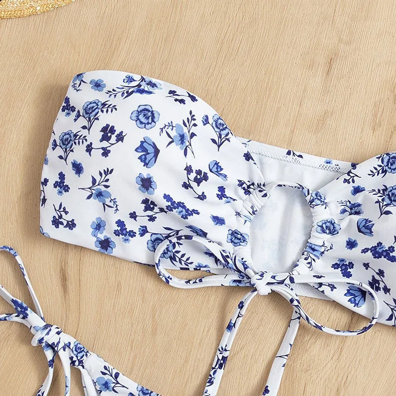 Damen Bandeau-Bikini mit floralem Cut-Out-Design und verstellbaren Trägern Drune