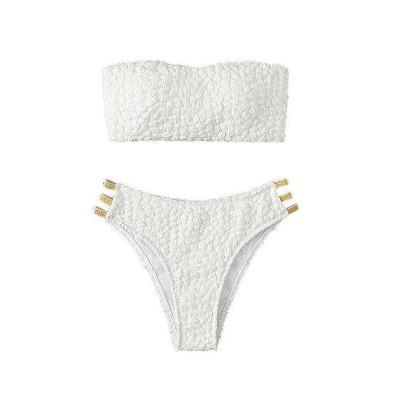 Damen Bandeau-Bikini mit dekorativen Riemen und strukturiertem Oberteil Drune