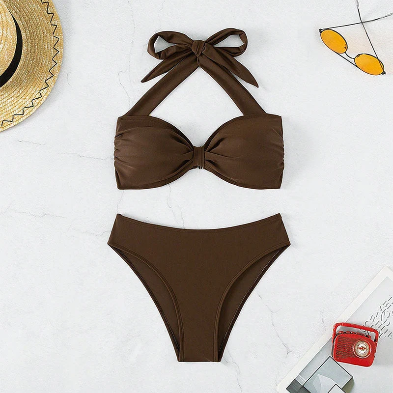 Damen Bandeau-Bikini mit dekorativem Knoten und hoher Taille Drune