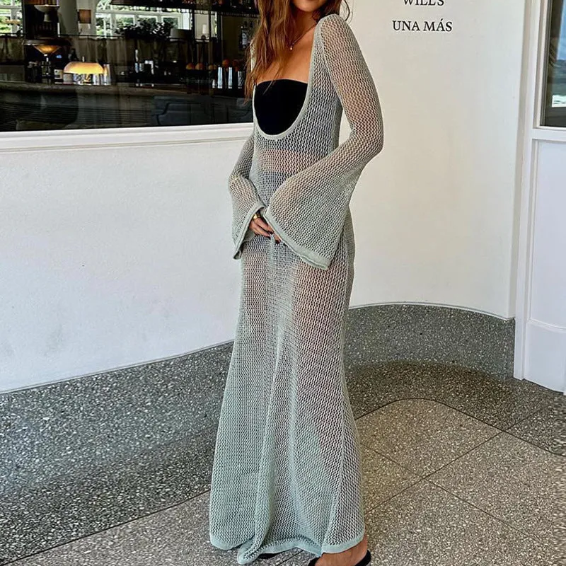 Damen transparentes Strandkleid aus Netzmaterial mit weitem Schnitt und offenen Ärmeln Drune