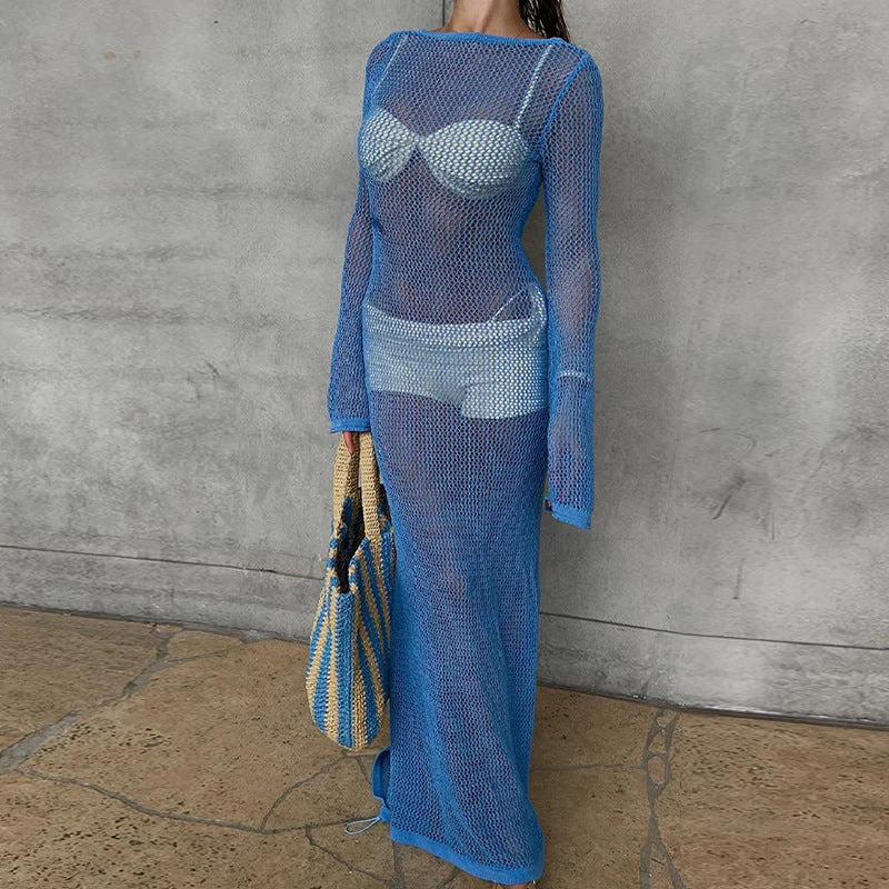 Damen transparentes Strandkleid aus Netzmaterial mit weitem Schnitt und offenen Ärmeln Drune