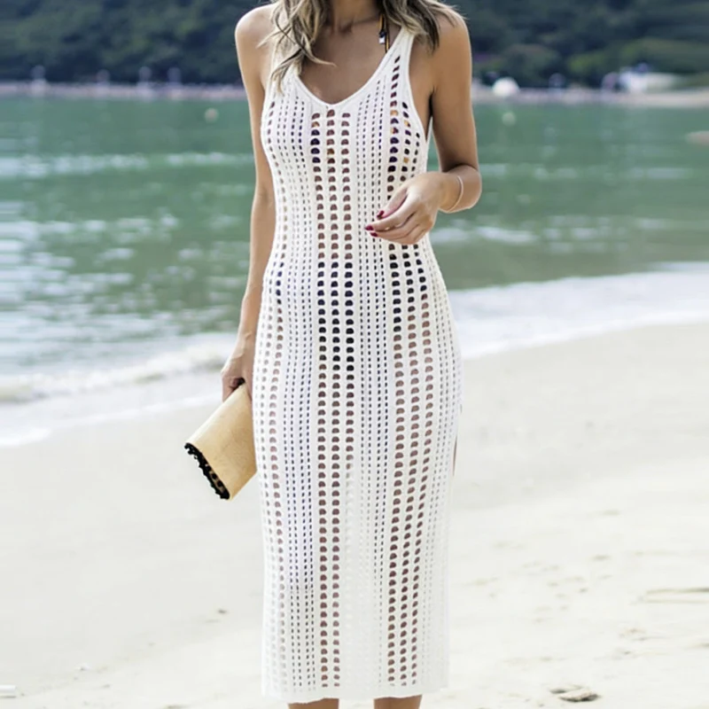Damen Stricknetz Kleid im lässigen Design mit hohem Schlitz Drune