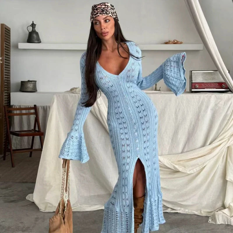 Damen Strickmaxikleid mit nostalgischem Lochmuster und elegantem V-Ausschnitt Drune