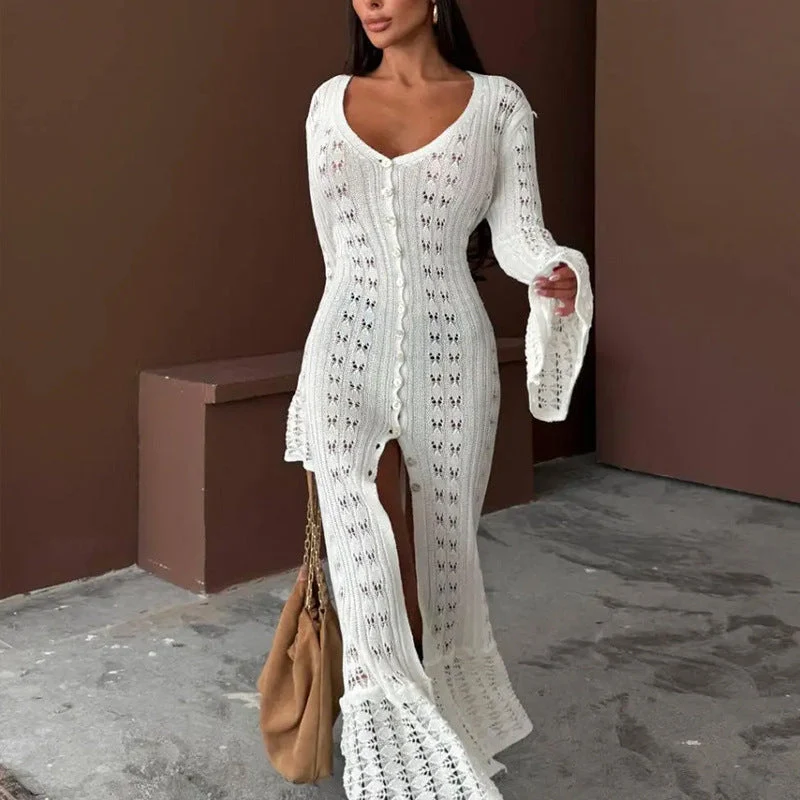 Damen Strickmaxikleid mit nostalgischem Lochmuster und elegantem V-Ausschnitt Drune