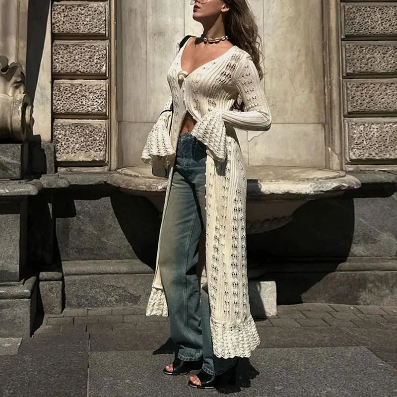 Damen Strickmaxikleid mit nostalgischem Lochmuster und elegantem V-Ausschnitt Drune