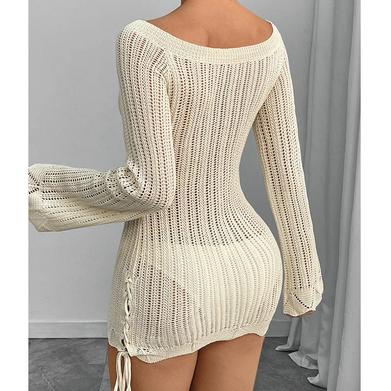 Damen Strickkleid im modernen Off-Shoulder Design mit weiten Ärmeln und Raffungen Drune