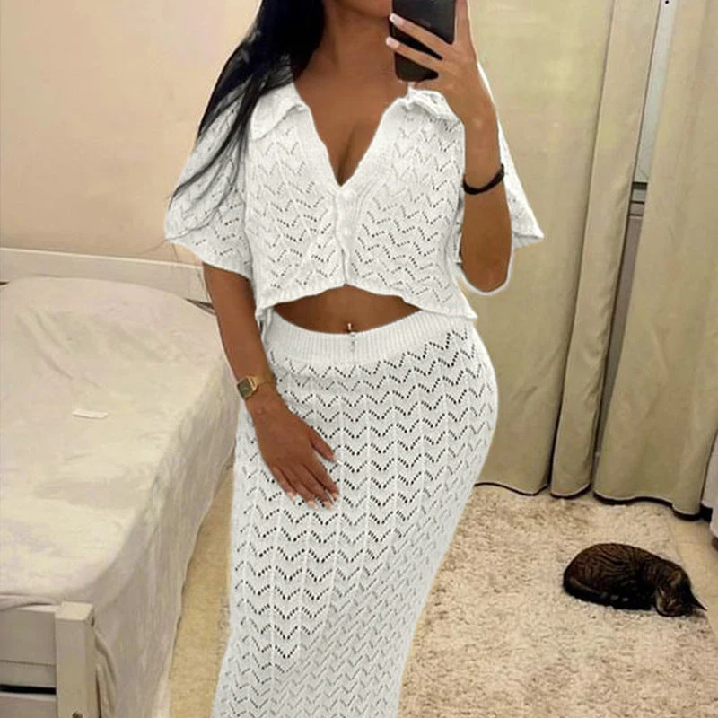 Damen Strick-Kleid mit hohen Seitenschlitzen und modischem Lochmuster Drune