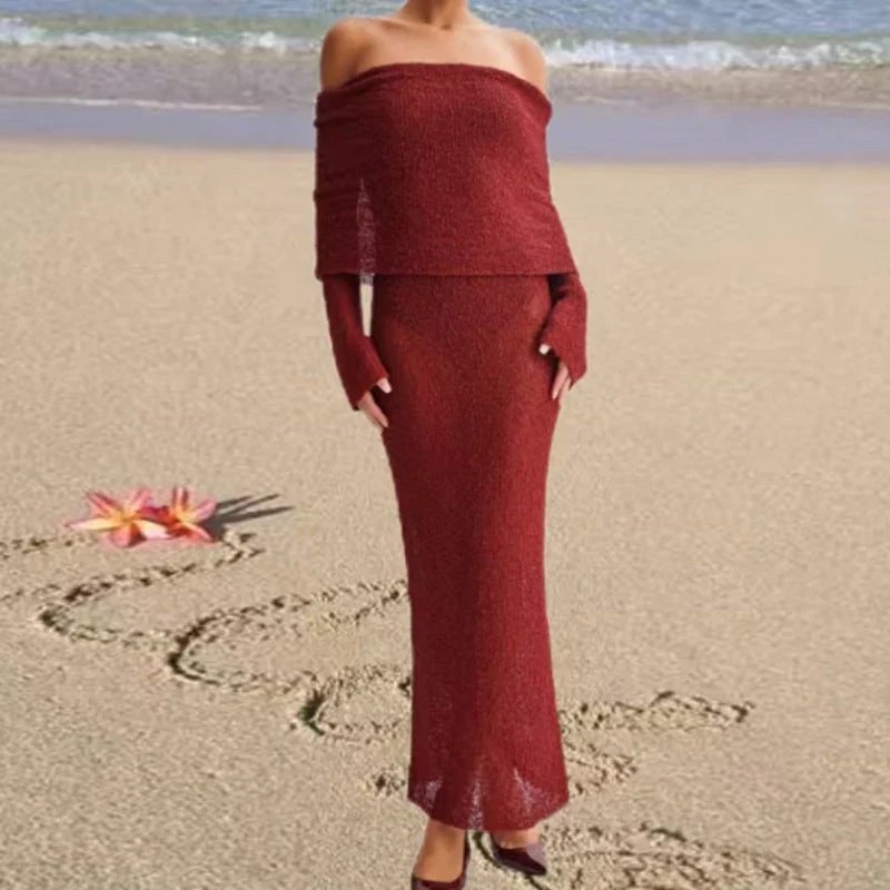 Damen Off-Shoulder Strickkleid mit langen Ärmeln und eleganter Silhouette Drune