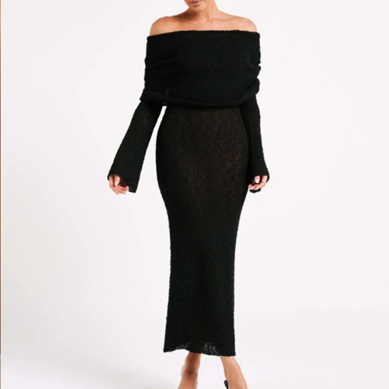 Damen Off-Shoulder Strickkleid mit langen Ärmeln und eleganter Silhouette Drune