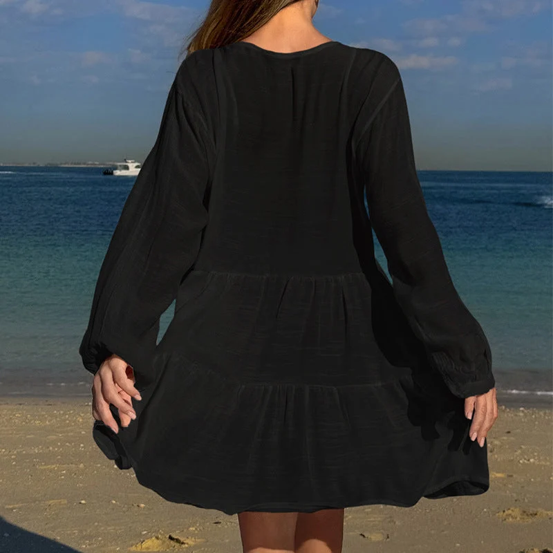 Damen luftiges Strandkleid mit Spitzenbesatz und Wasserfall-Saum Drune