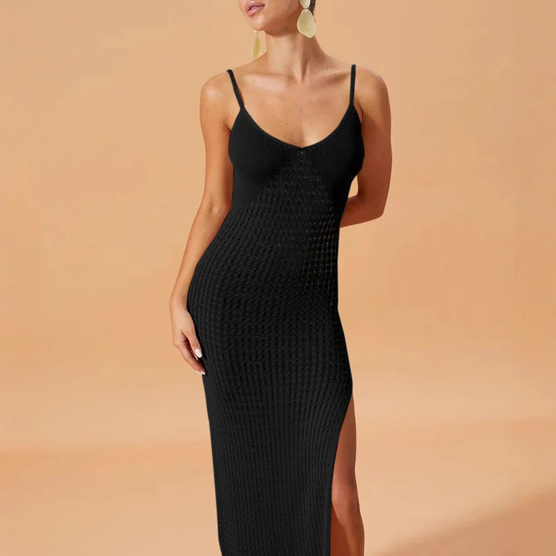 Damen luftiges Strick-Maxikleid mit verführerischen Seitenschlitzen Drune