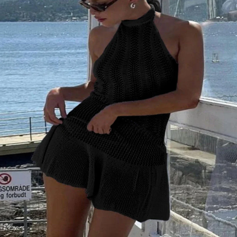 Damen luftiges Strandkleid mit feinem Häkelmuster und voluminösem Saum Drune