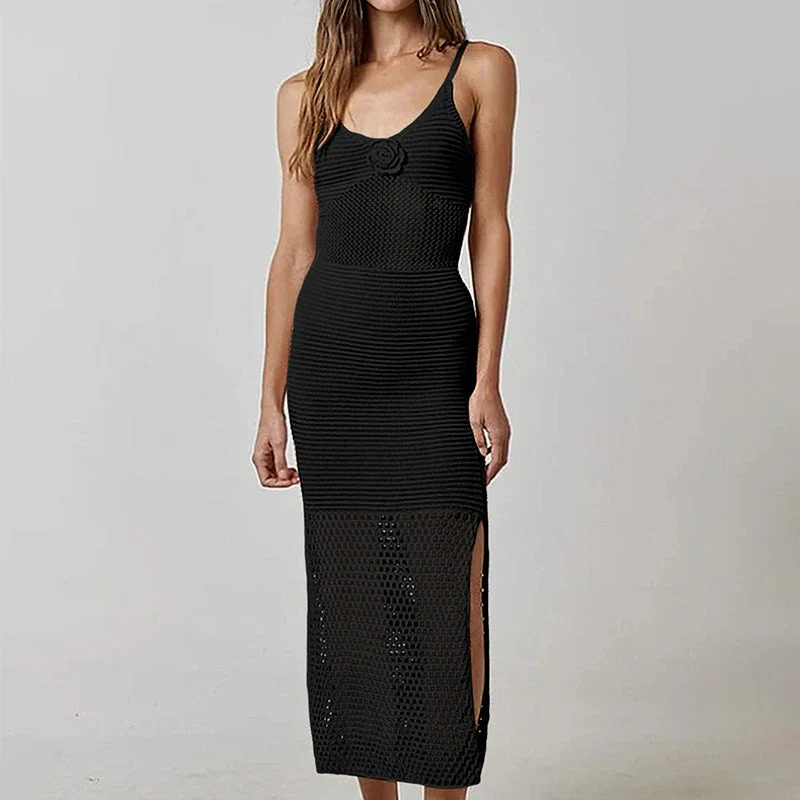 Damen luftiges Netzkleid mit seitlichen Schlitzen und raffinierter Struktur Drune