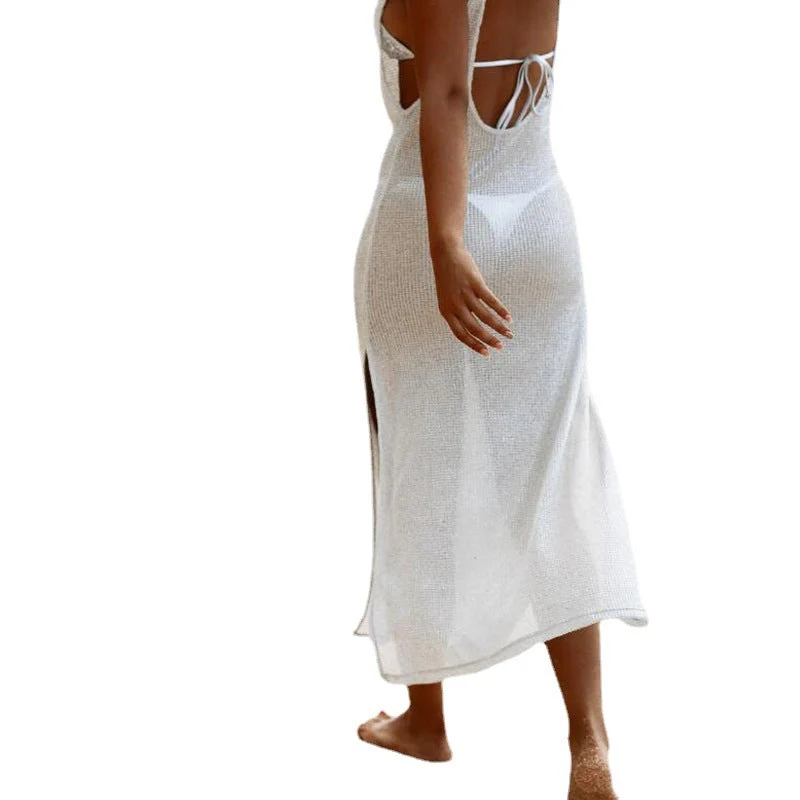 Damen luftiges Maxikleid mit transparentem Häkelmuster und seitlichen Schlitzen Drune