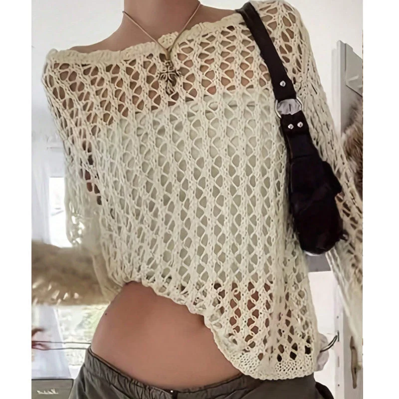 Damen luftiges Häkeloberteil mit weitem Schnitt und transparentem Design Drune