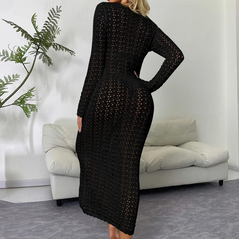 Damen luftiges Häkel-Strandkleid mit V-Ausschnitt und Schnüroptik Drune