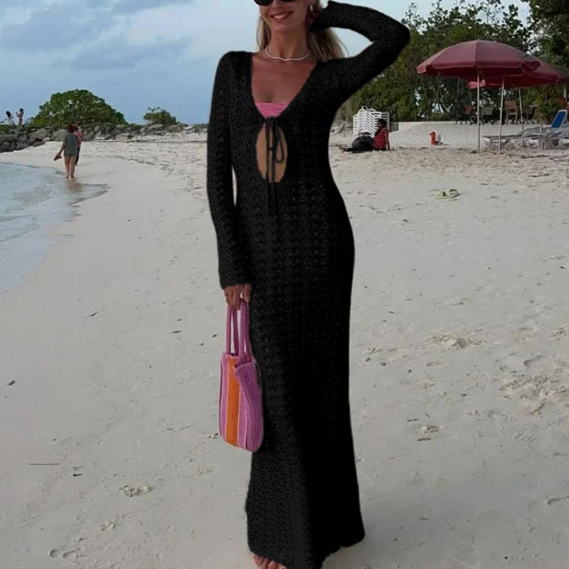 Damen luftiges Häkel-Strandkleid mit V-Ausschnitt und Schnüroptik Drune