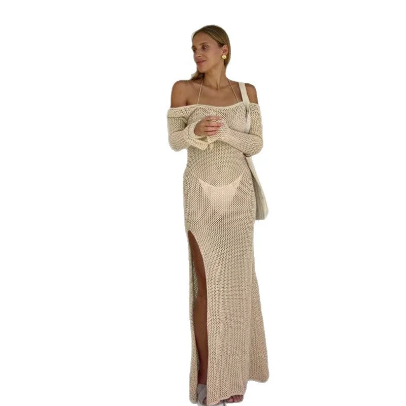 Damen luftiges Häkel-Maxikleid mit schulterfreier Optik und hohem Schlitz Drune