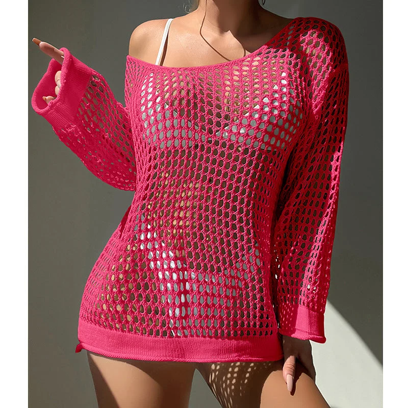 Damen luftiger Grobstrick Pullover mit weitem Schnitt und offenen Ärmeln Drune