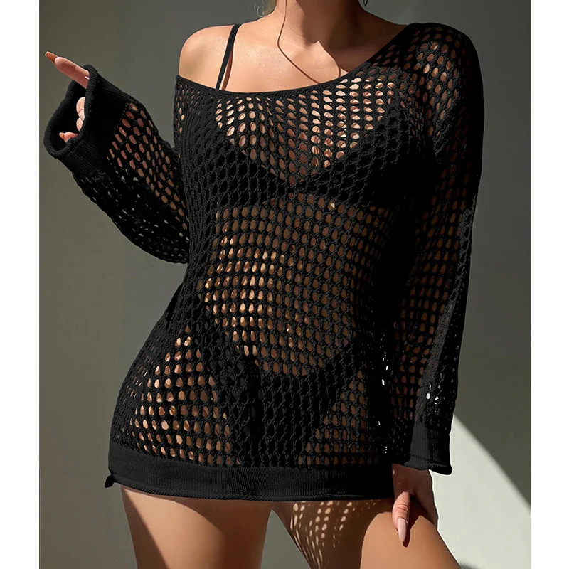 Damen luftiger Grobstrick Pullover mit weitem Schnitt und offenen Ärmeln Drune