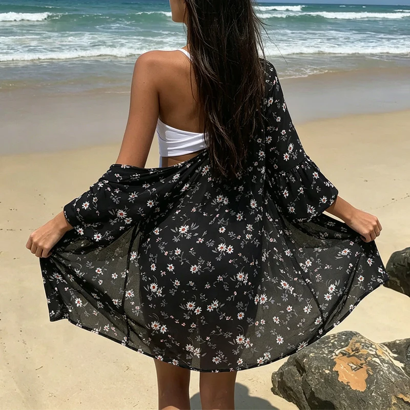 Damen luftige Strandtunika mit floralem Design und halbtransparentem Stoff Drune