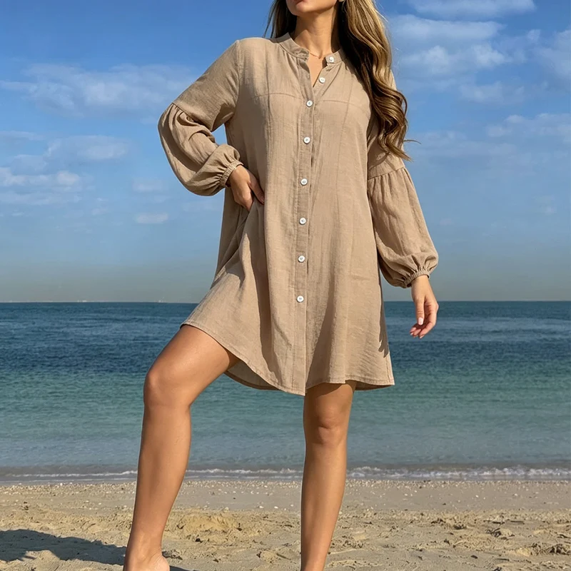 Damen lässiges Strandhemdkleid mit Knopfleiste und ballonförmigen Ärmeln Drune