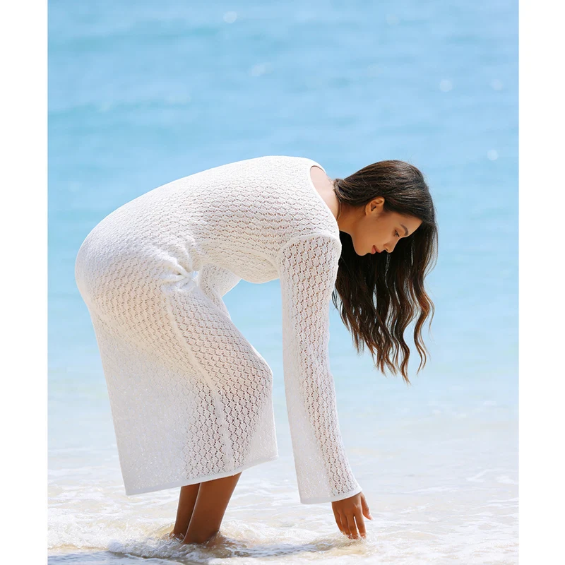 Damen lässiges Häkelstrandkleid mit tiefem V-Ausschnitt und eleganten Cut-Outs Drune