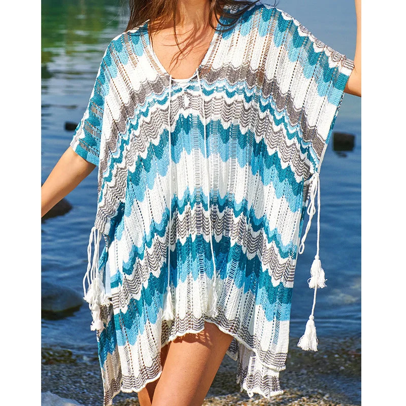 Damen lässiger Strandkimono im Wellenmuster mit offenen Ärmeln und seitlichen Schlitzen Drune
